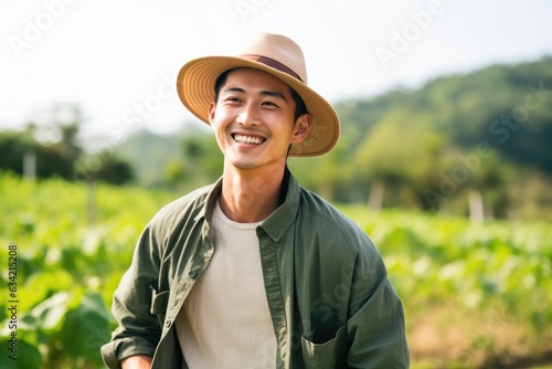 Young male asian farmer smiling on a farm field portrait