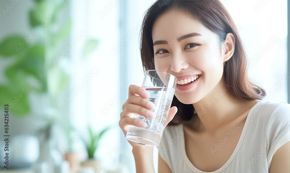 Close up attractive woman smiling drinking water Close up attractive woman smiling drinking water
