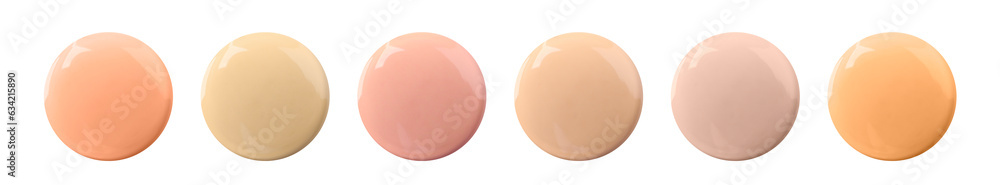 Liquid foundation of various shades for different skin tones isolated on white, top view. Set of samples Liquid foundation of various shades for different skin tones isolated on white, top view. Set of samples
