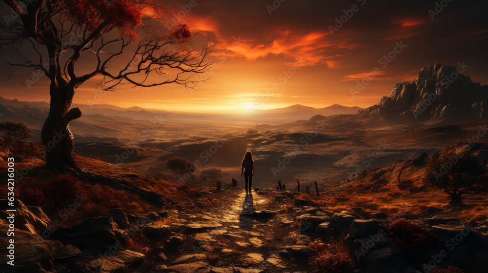 Fototapeta premium A beautiful path in nature going toward the sunset. 