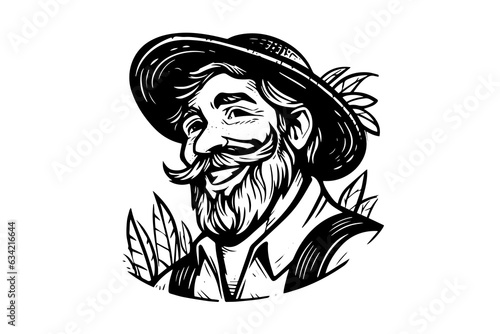 Happy farmer in hat engraving style. Hand drawn ink sketch. Vector logotype illustration.
