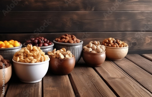 Dry Fruits in Pots on Wooden Background: Organic Product Photography (Generative AI)