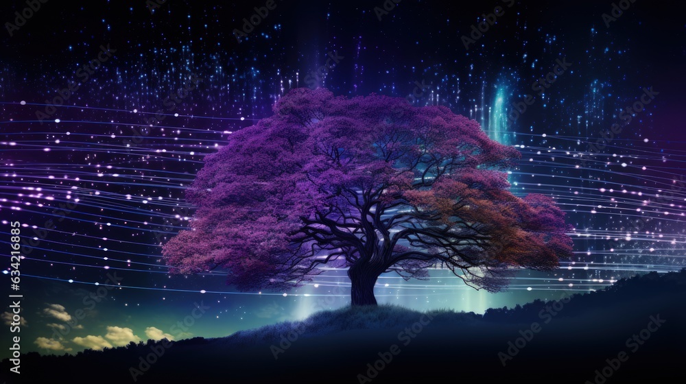 A tree in front of a starry sky with purple data streams rising. Generative AI - obrazy, fototapety, plakaty 