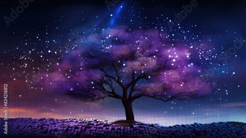 A tree in front of a starry sky with purple data streams rising. Generative AI © Ilugram