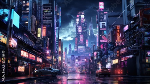 Cyberpunk City Street, Night View, Futuristic City, Neon Light. Generative AI © Ilugram