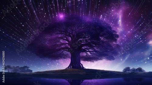 A tree in front of a starry sky with purple data streams rising. Generative AI
