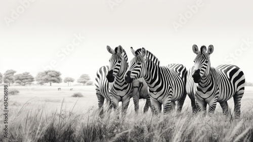 A group of zebras grazing in a grassy savannah. Generative AI