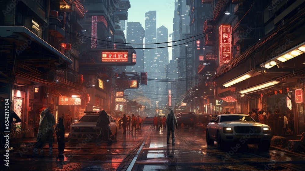 Busy Cyberpunk City Street Background. Generative AI