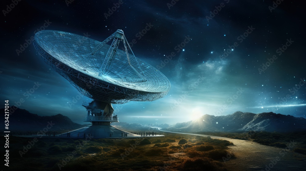 A massive radio telescope dish, capturing signals from distant galaxies. Generative AI - obrazy, fototapety, plakaty 