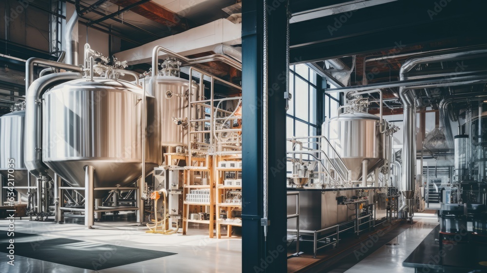 Brewery Exterior And Interior View, Modern Engineering Commercial Scene. Generative AI