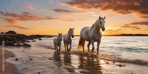 Free Roaming Horses With Little Ones At Early Morning Sunrise. Generative AI © Ilugram