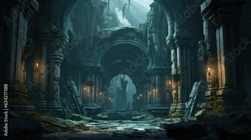 Ancient arch and pillars portal to another world, magical, ancient runes. Generative AI