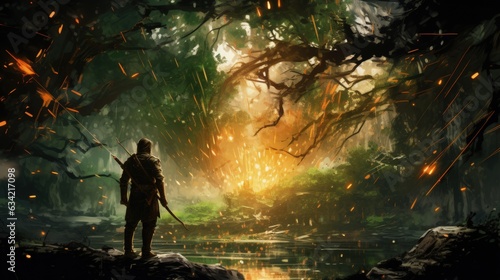 Portrait Of Robin Hood Firing Arrow, In Enchanted Forest. Generative AI photo