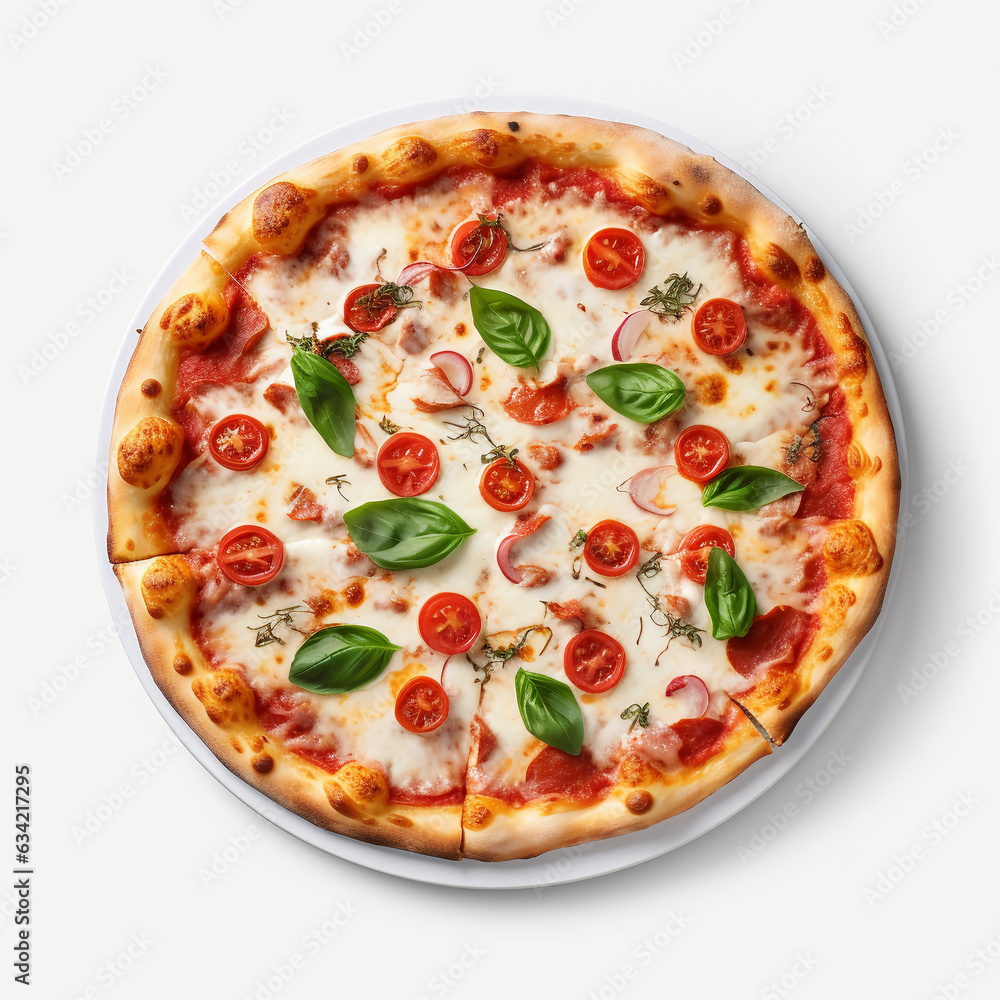 Top view of Delicious margherita pizza on plate on a white background