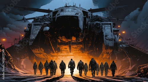 Leinwand Poster Epic Troops Board a Dropship. Generative AI