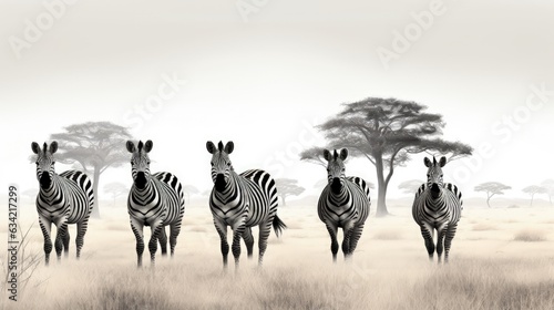 A group of zebras grazing in a grassy savannah. Generative AI