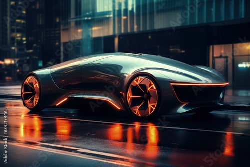 Design Study Of Futuristic Electric Car Outside On Modern City Street. Generative AI