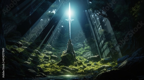 Excalibur Sword In The Stone With Light Rays In a Dark Forest. Generative AI