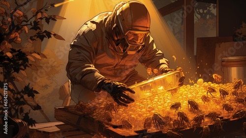 Beekeeper In Protective Workwear Holding Honeycomb. Generative AI