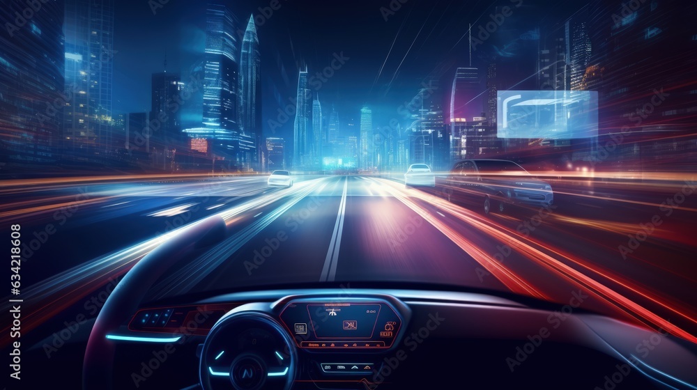 View Behind The Steering Wheel And The Dashboard Of a Modern Futuristic Car. Generative AI