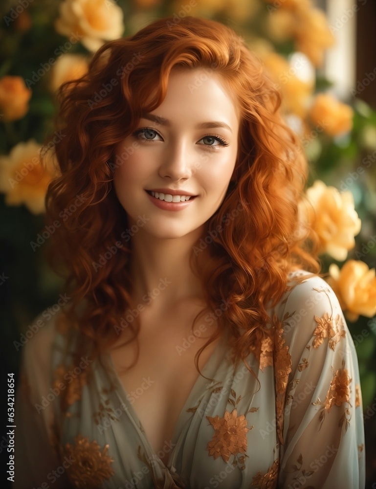Fototapeta premium Beautiful photorealistic 27 year old blonde woman with messy hair in a retro style with lipstick makeup, modest, prim and proper, smiling with flowers in the background, 4K, Generative AI