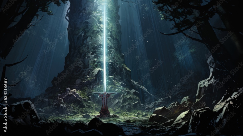 Excalibur Sword In The Stone With Light Rays In a Dark Forest. Generative AI - obrazy, fototapety, plakaty 