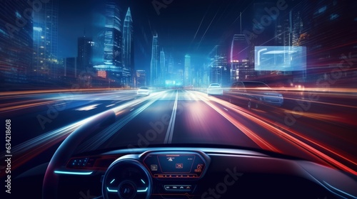 View Behind The Steering Wheel And The Dashboard Of a Modern Futuristic Car. Generative AI