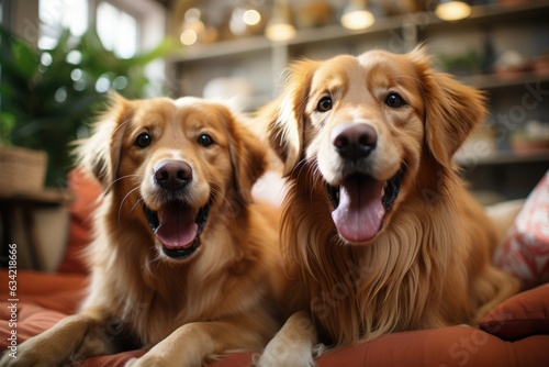 Golden Retrievers Playing On The Living Room Carpet. Generative AI