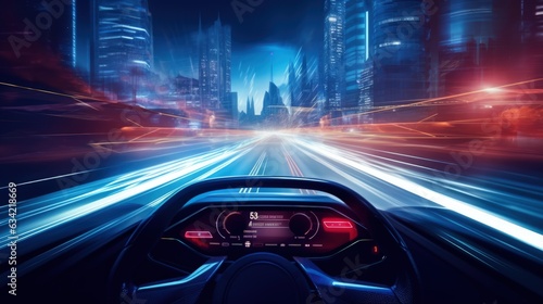 View Behind The Steering Wheel And The Dashboard Of a Modern Futuristic Car. Generative AI © Ilugram