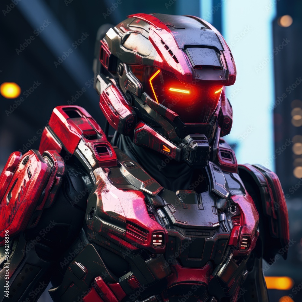 a Futuristic Soldier In Cyberpunk Style, Red Accents. Generative AI