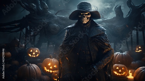 Festive And Spooky Spirit Of Halloween, Pumpkin Dark Background. Generative AI
