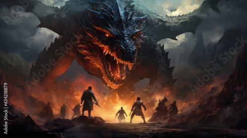 An epic fantasy illustration featuring a group of heroes defeating a dragon. Generative AI
