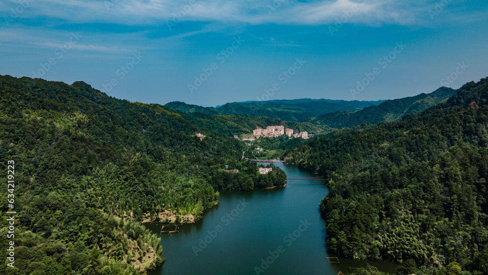 Drone aerial photography Changqi Town, Chishui City, Guizhou Province, China. Moon Lake Scenic Resort of Chishui. 