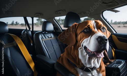 hit the road with your furry friend: labrador retriever dog leash on summer road trip in a car created generative ai © Chaudhry