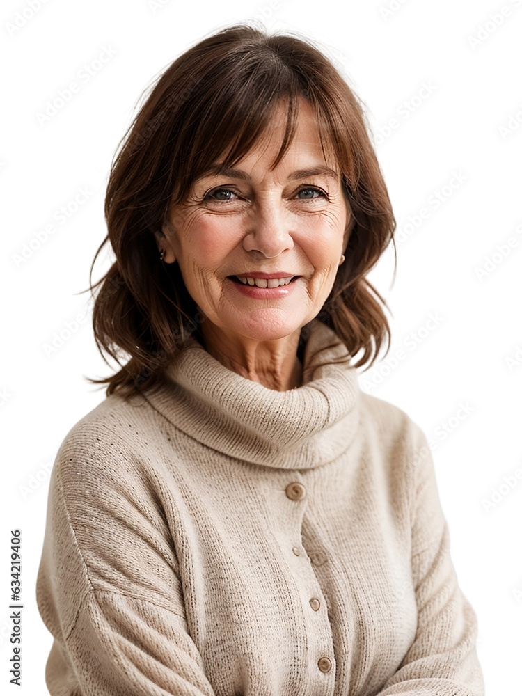 Aged woman wearing warm clothes smiling and looking at the camera, isolated, transparent background, no background. PNG. Aged woman wearing warm clothes smiling and looking at the camera, isolated, transparent background, no background. PNG.