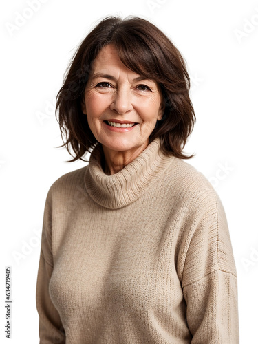 Aged woman wearing warm clothes smiling and looking at the camera, isolated, transparent background, no background. PNG.