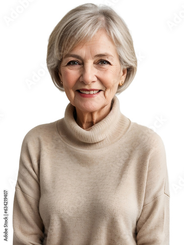 Aged woman wearing warm clothes smiling and looking at the camera, isolated, transparent background, no background. PNG.
