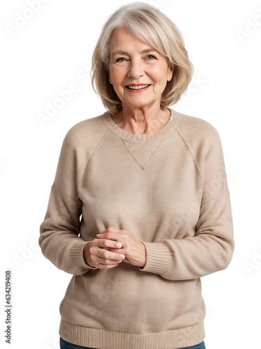 Aged woman wearing warm clothes smiling and looking at the camera, isolated, transparent background, no background. PNG. photo