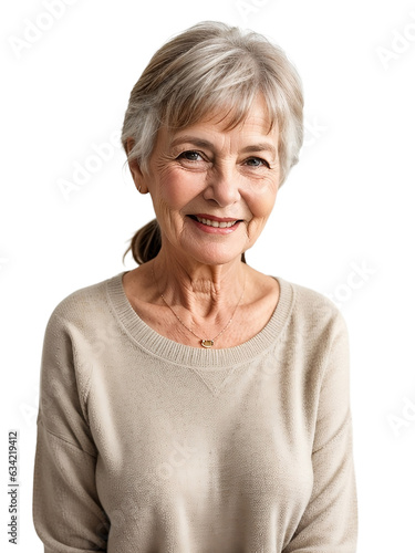 Aged woman wearing warm clothes smiling and looking at the camera, isolated, transparent background, no background. PNG.