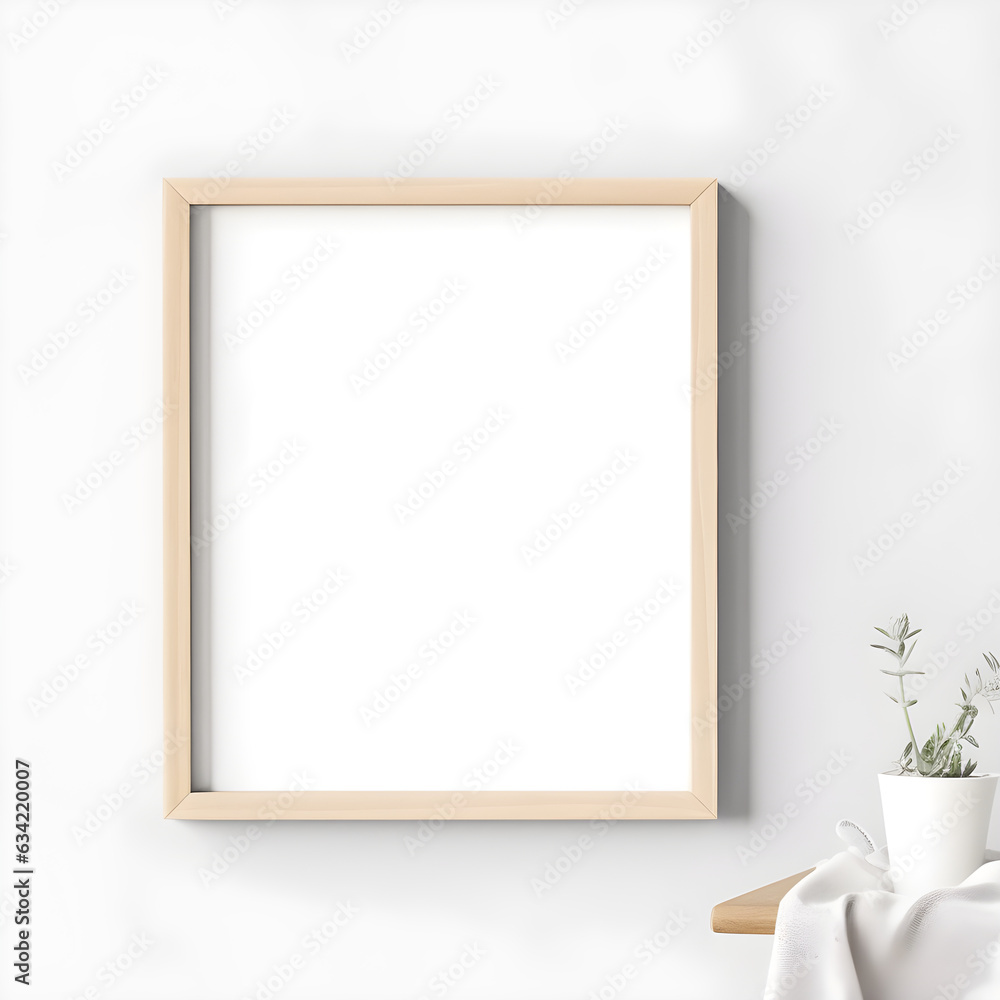 wooden photo frame, empty, on a white wall, for use as a mockup , thin and modern simple desk layout wooden photo frame, empty, on a white wall, for use as a mockup , thin and modern simple desk layout