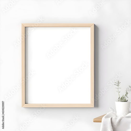 wooden photo frame, empty, on a white wall, for use as a mockup , thin and modern  simple desk layout 