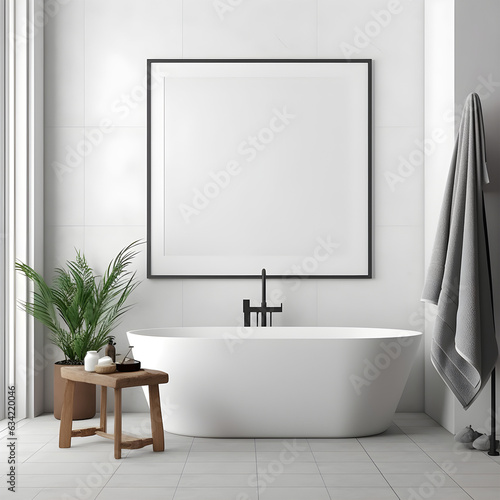 bathroom mockup illustration with large print on wall, add your own art, blank frame, simple and sleek black frame, this is an illustration 