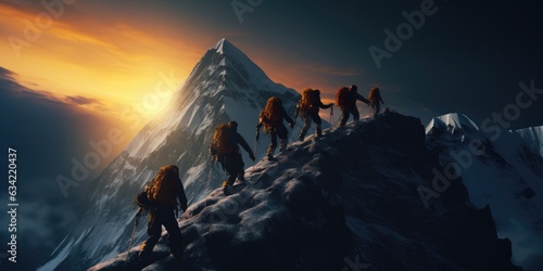 illustration of a group of determined mountaineers equipped with climbing gear, generative AI