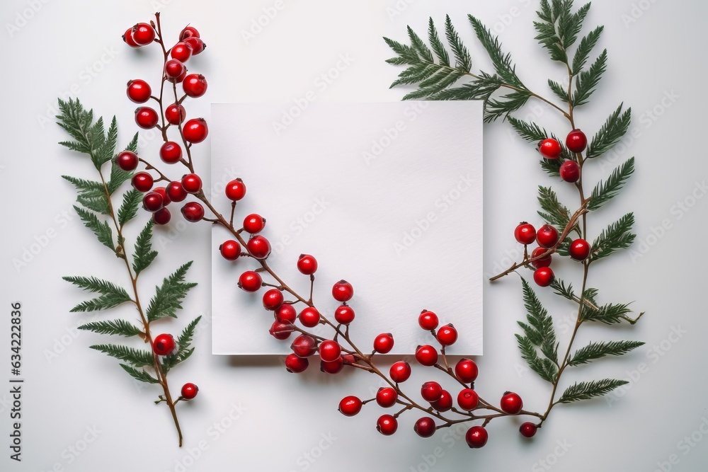 White paper in the middle of Berry Branch with Holly and berry Fruits. Generative AI White paper in the middle of Berry Branch with Holly and berry Fruits. Generative AI