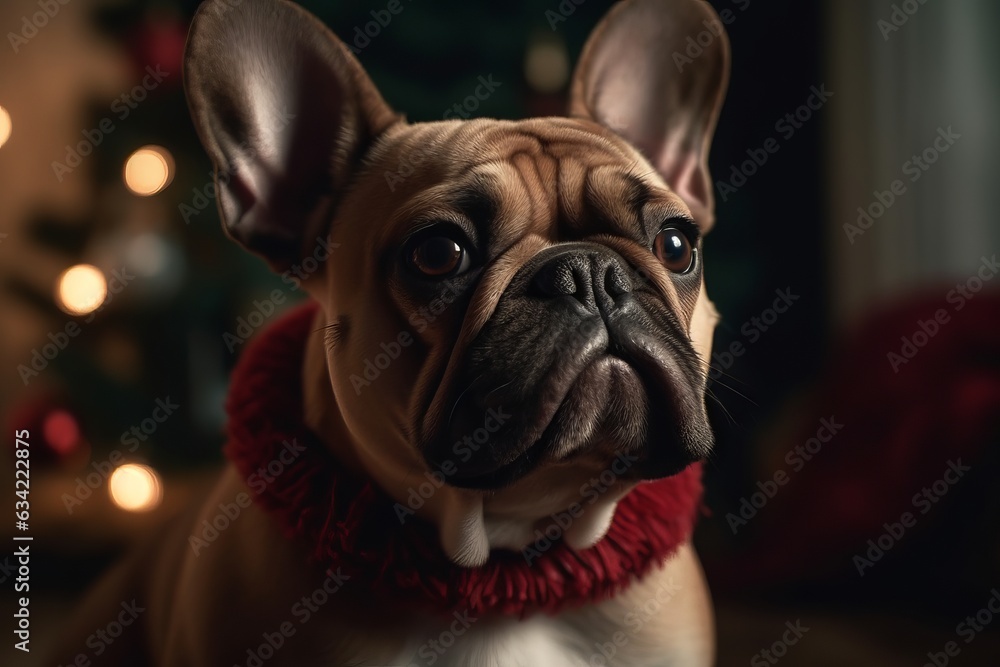 Portrait of cute dog at home on christmas night .Generative AI