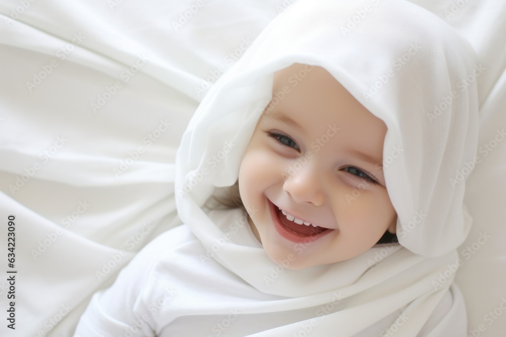 Close-up portrait of a cute joyful innocent fictional baby smiling in a bed. Generative AI. Close-up portrait of a cute joyful innocent fictional baby smiling in a bed. Generative AI.
