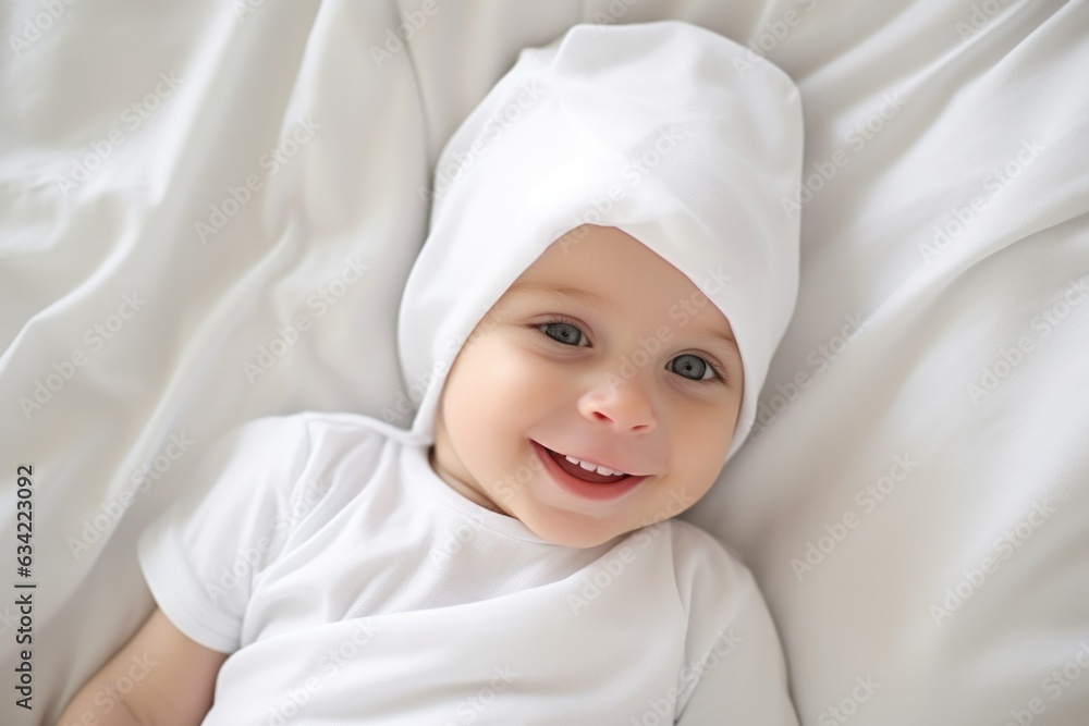 Close-up portrait of a cute joyful innocent fictional baby smiling in a bed. Generative AI. Close-up portrait of a cute joyful innocent fictional baby smiling in a bed. Generative AI.
