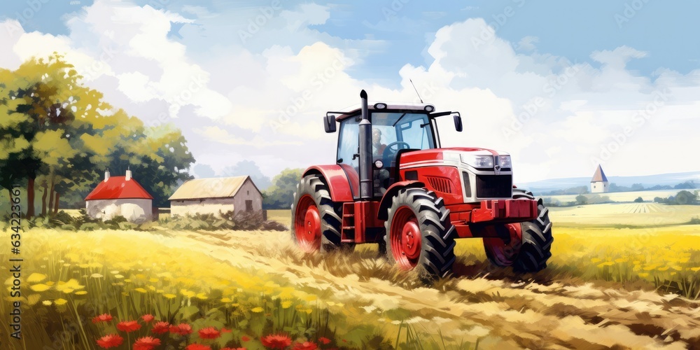 illustration of tractor in farm field realistic, generative AI illustration of tractor in farm field realistic, generative AI