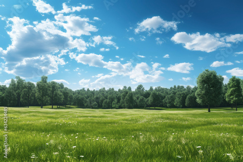 An open field with a blue sky and fluffy clouds