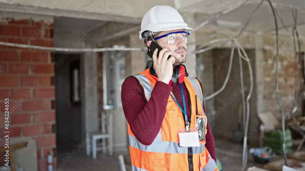 Young hispanic man builder smiling confident talking on smartphone at construction site Young hispanic man builder smiling confident talking on smartphone at construction site